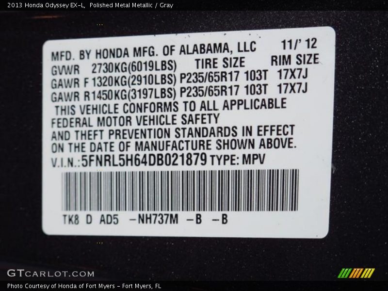 Polished Metal Metallic / Gray 2013 Honda Odyssey EX-L