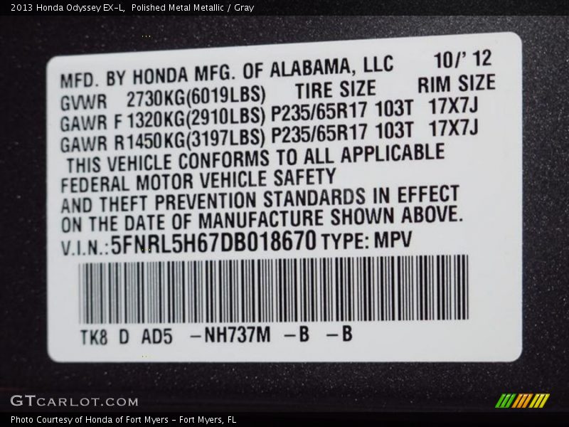 Polished Metal Metallic / Gray 2013 Honda Odyssey EX-L