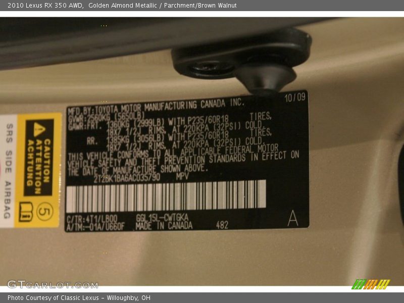 Golden Almond Metallic / Parchment/Brown Walnut 2010 Lexus RX 350 AWD