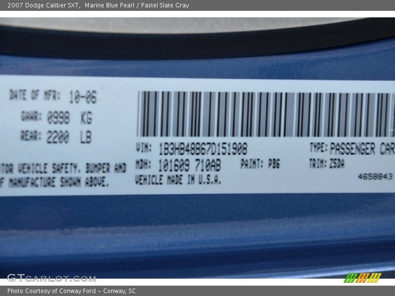 2007 Caliber SXT Marine Blue Pearl Color Code PB6