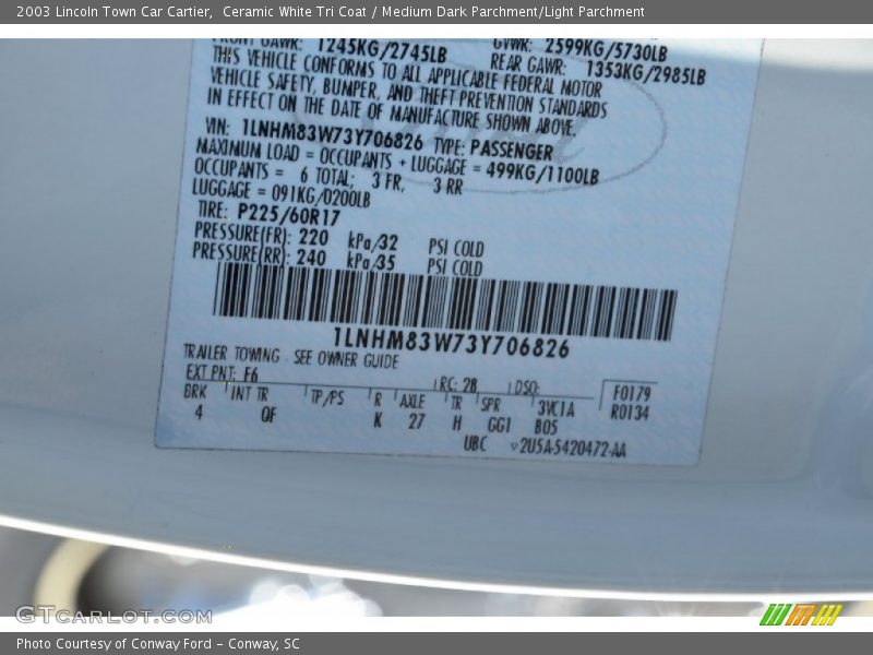 2003 Town Car Cartier Ceramic White Tri Coat Color Code F6