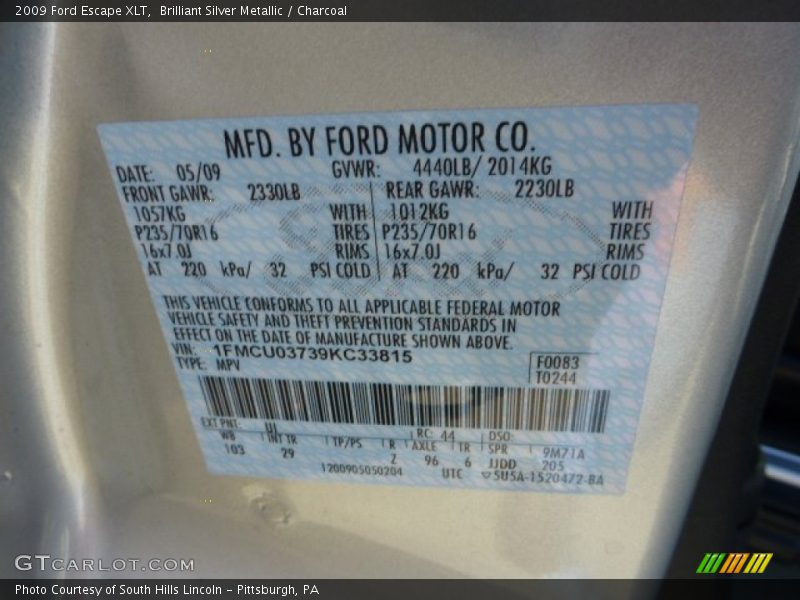 Brilliant Silver Metallic / Charcoal 2009 Ford Escape XLT