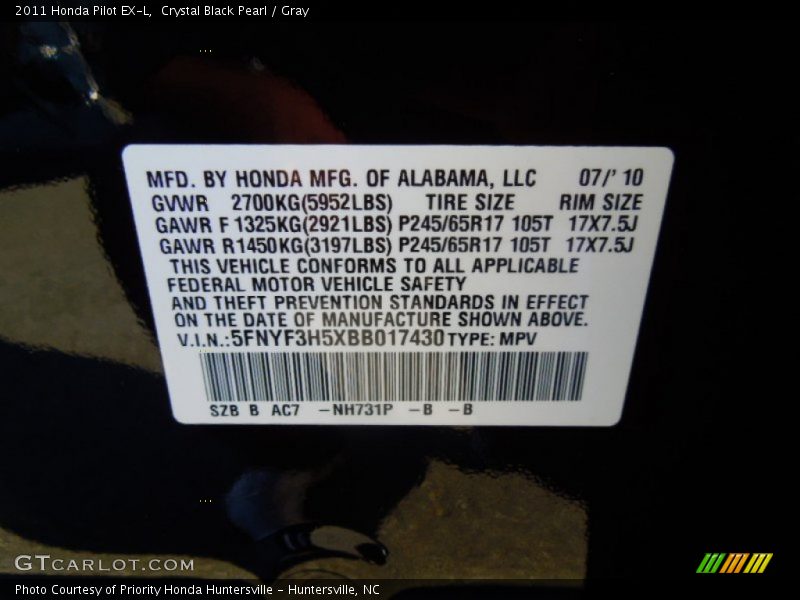 Crystal Black Pearl / Gray 2011 Honda Pilot EX-L