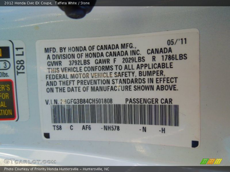 Taffeta White / Stone 2012 Honda Civic EX Coupe