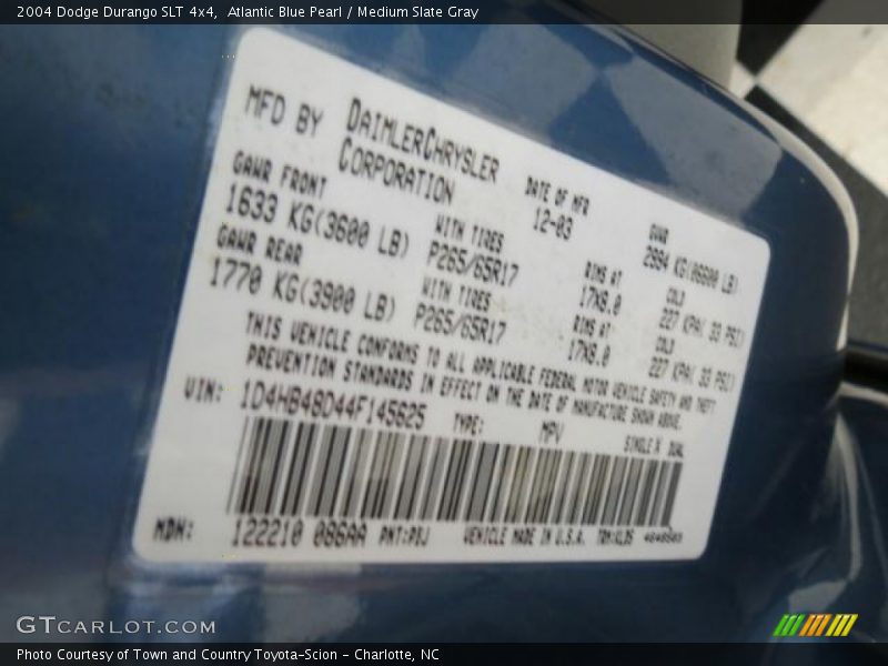 2004 Durango SLT 4x4 Atlantic Blue Pearl Color Code PBJ
