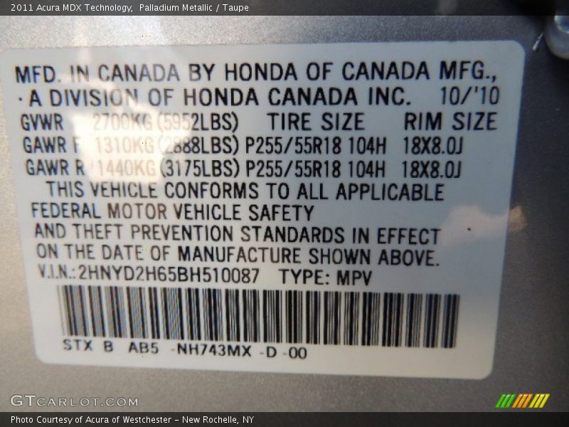 Palladium Metallic / Taupe 2011 Acura MDX Technology
