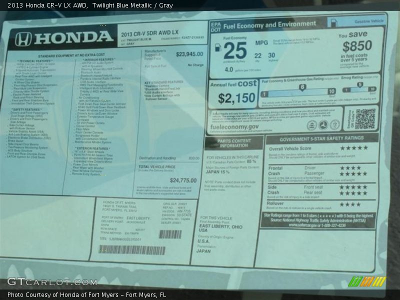 Twilight Blue Metallic / Gray 2013 Honda CR-V LX AWD