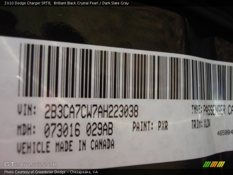 2010 Charger SRT8 Brilliant Black Crystal Pearl Color Code PXR