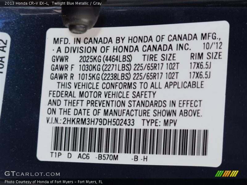 Twilight Blue Metallic / Gray 2013 Honda CR-V EX-L