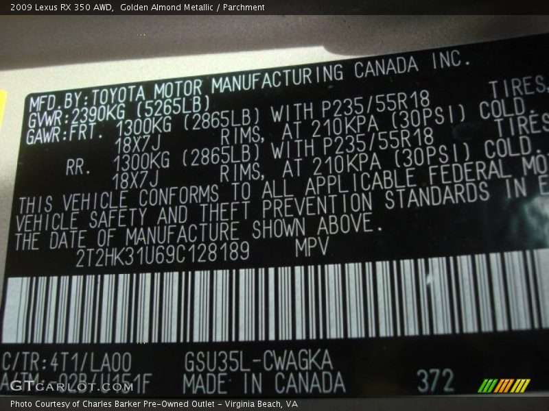 Golden Almond Metallic / Parchment 2009 Lexus RX 350 AWD
