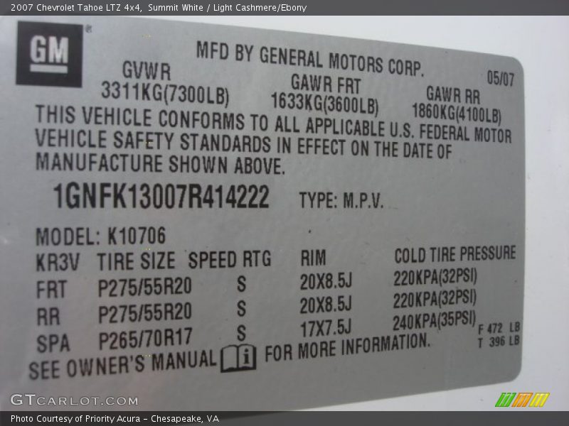 Summit White / Light Cashmere/Ebony 2007 Chevrolet Tahoe LTZ 4x4