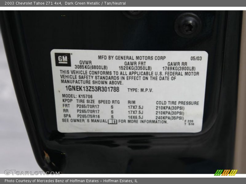 Dark Green Metallic / Tan/Neutral 2003 Chevrolet Tahoe Z71 4x4