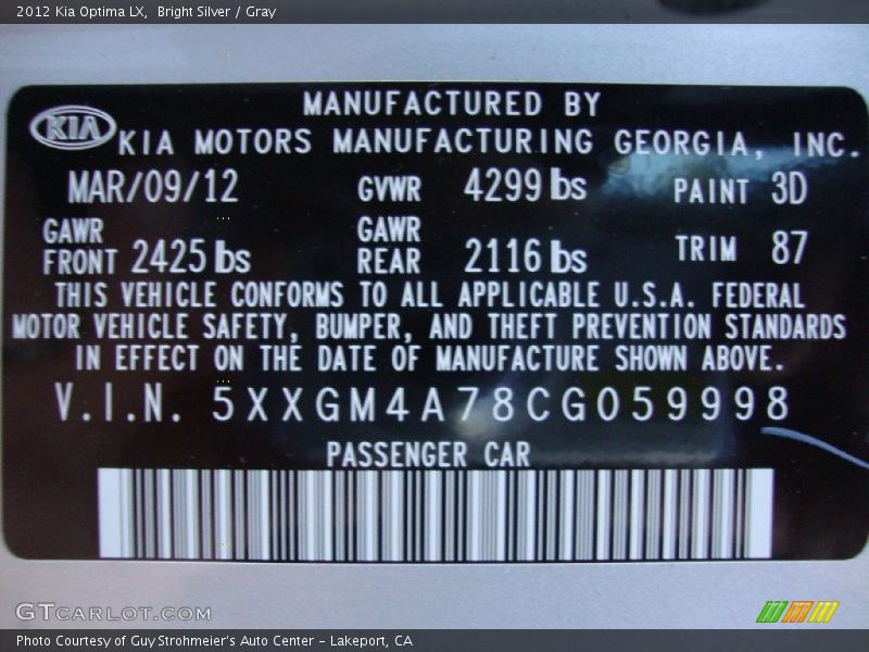 2012 Optima LX Bright Silver Color Code 3D