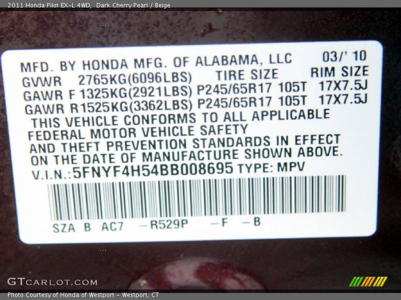 Dark Cherry Pearl / Beige 2011 Honda Pilot EX-L 4WD