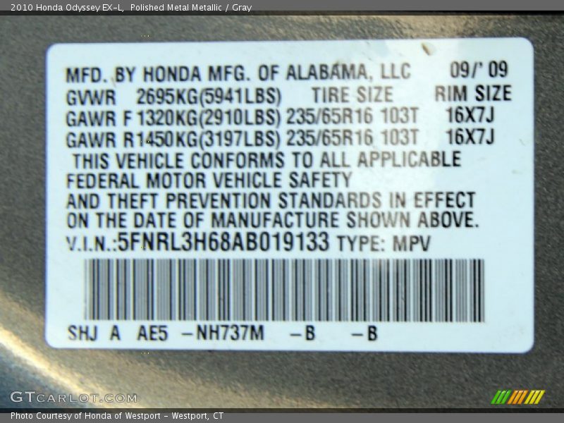 Polished Metal Metallic / Gray 2010 Honda Odyssey EX-L