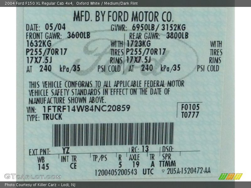 2004 F150 XL Regular Cab 4x4 Oxford White Color Code YZ