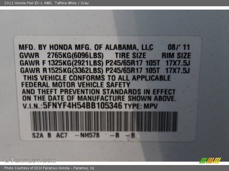 Taffeta White / Gray 2011 Honda Pilot EX-L 4WD