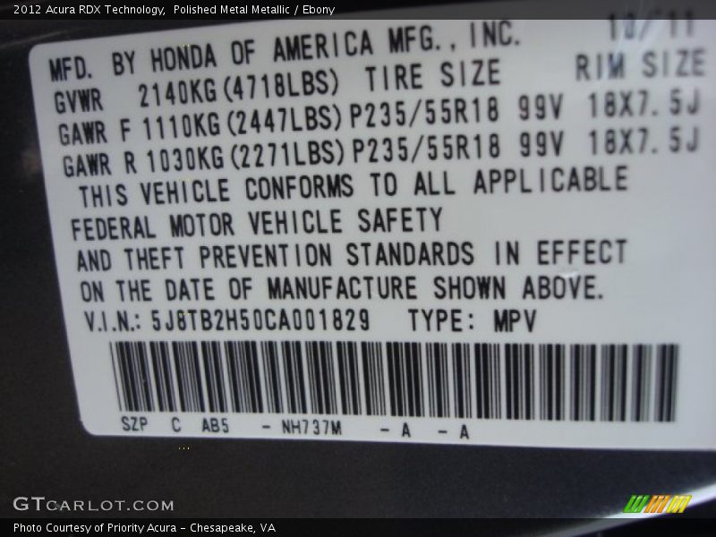 Polished Metal Metallic / Ebony 2012 Acura RDX Technology