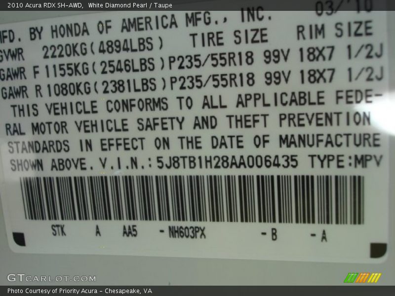 White Diamond Pearl / Taupe 2010 Acura RDX SH-AWD