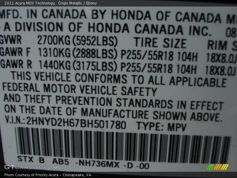 Grigio Metallic / Ebony 2011 Acura MDX Technology