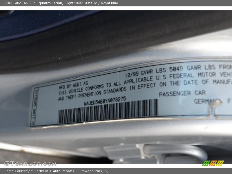 Light Silver Metallic / Royal Blue 2000 Audi A6 2.7T quattro Sedan