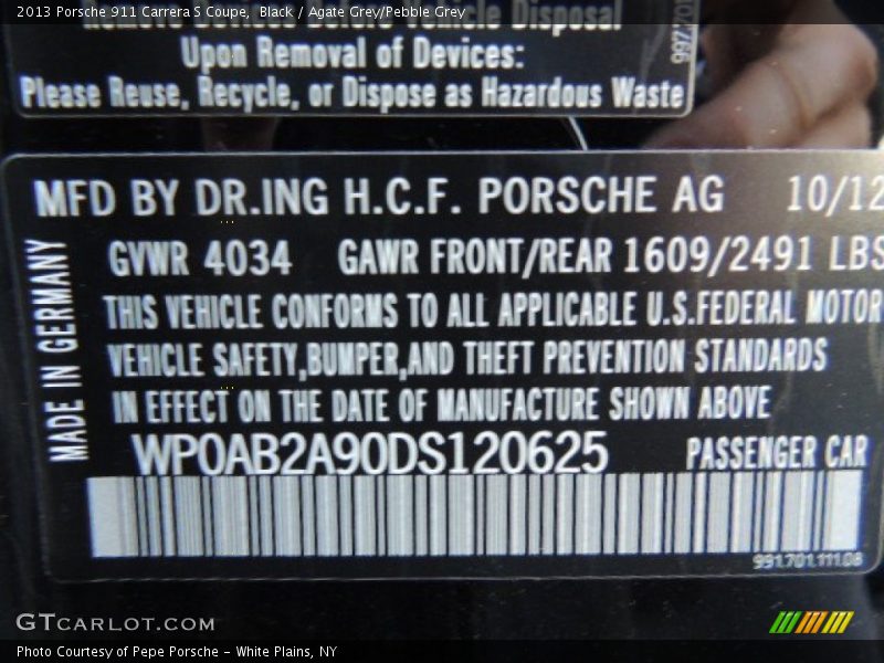 Black / Agate Grey/Pebble Grey 2013 Porsche 911 Carrera S Coupe