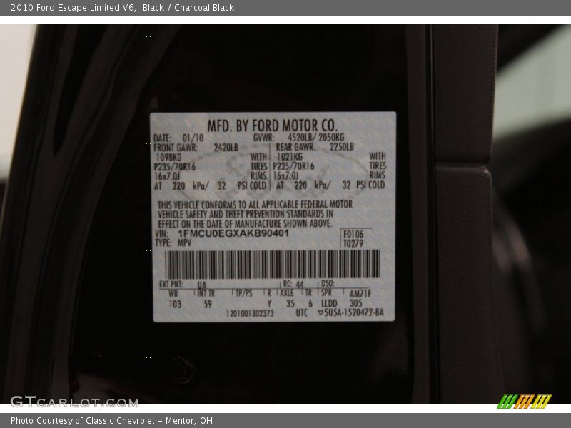 Black / Charcoal Black 2010 Ford Escape Limited V6