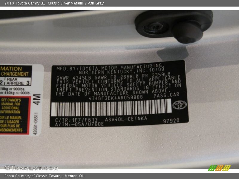 Classic Silver Metallic / Ash Gray 2010 Toyota Camry LE