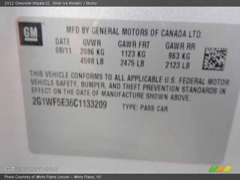 Silver Ice Metallic / Ebony 2012 Chevrolet Impala LS