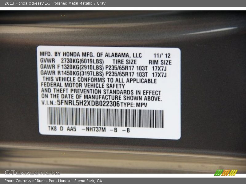 2013 Odyssey LX Polished Metal Metallic Color Code NH737M