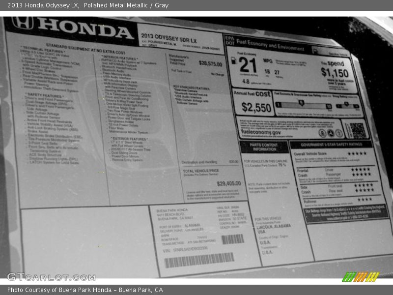  2013 Odyssey LX Window Sticker
