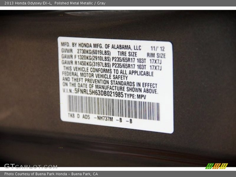 Polished Metal Metallic / Gray 2013 Honda Odyssey EX-L
