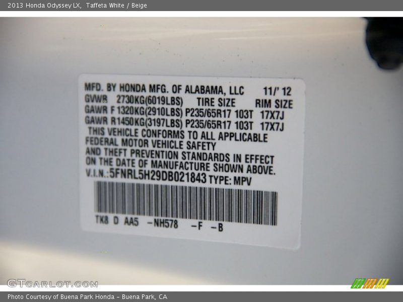 Taffeta White / Beige 2013 Honda Odyssey LX