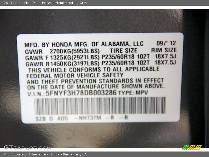 Polished Metal Metallic / Gray 2013 Honda Pilot EX-L