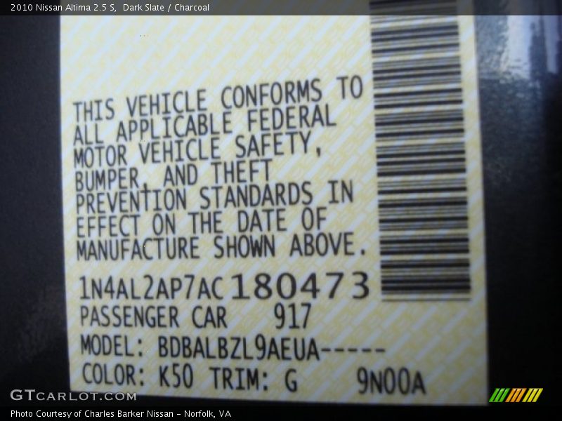 Dark Slate / Charcoal 2010 Nissan Altima 2.5 S