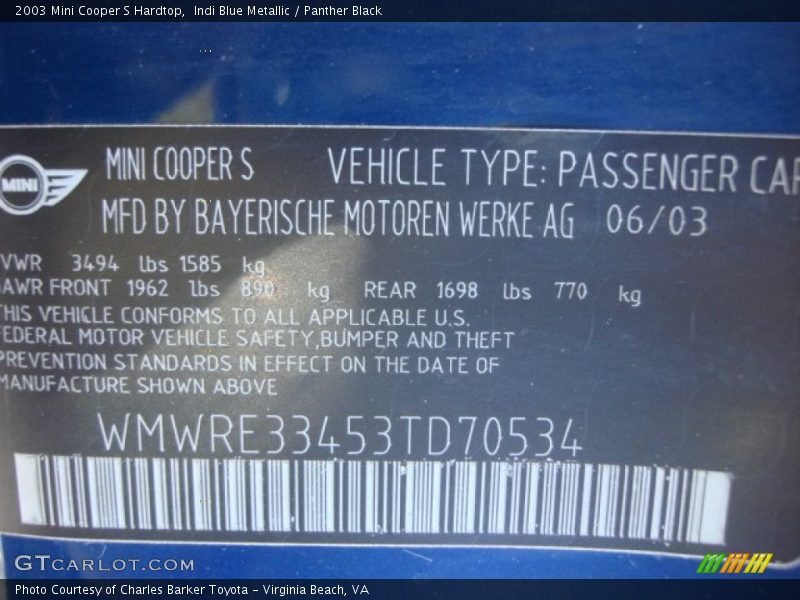 Indi Blue Metallic / Panther Black 2003 Mini Cooper S Hardtop