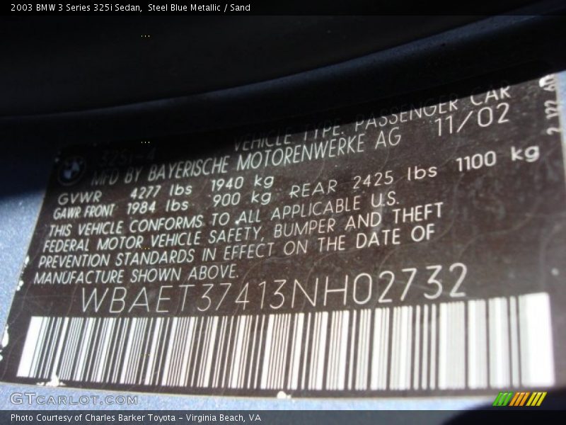 Steel Blue Metallic / Sand 2003 BMW 3 Series 325i Sedan