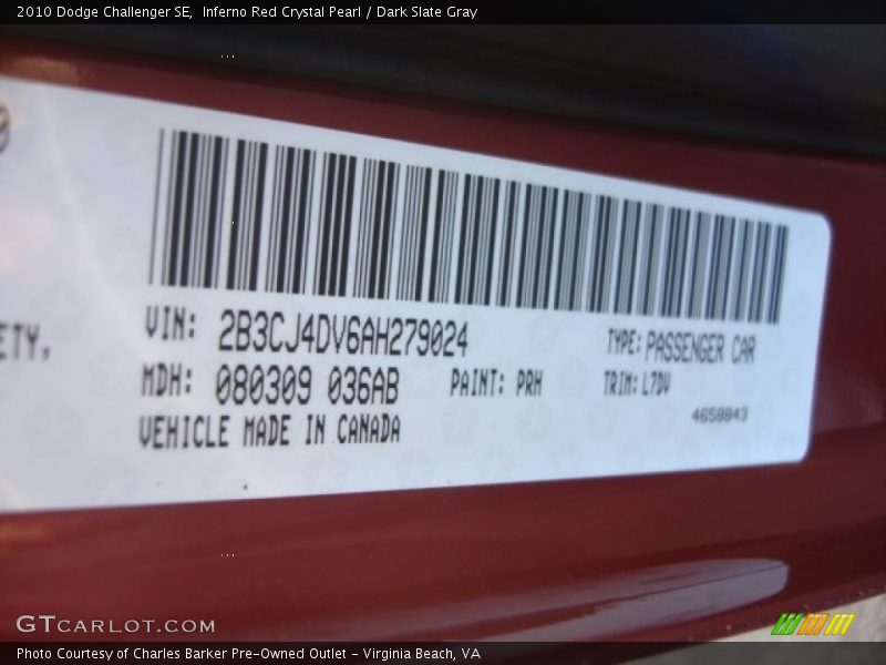 2010 Challenger SE Inferno Red Crystal Pearl Color Code PRH