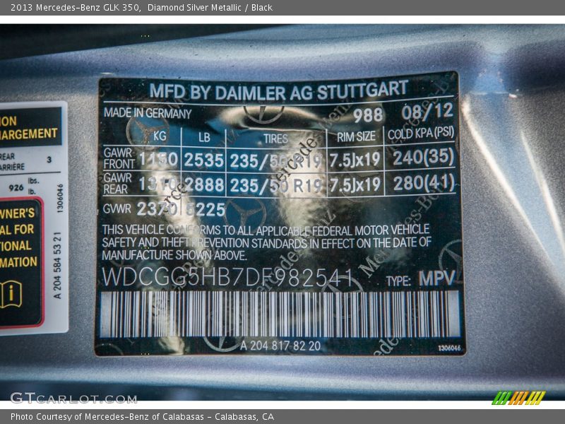 2013 GLK 350 Diamond Silver Metallic Color Code 988