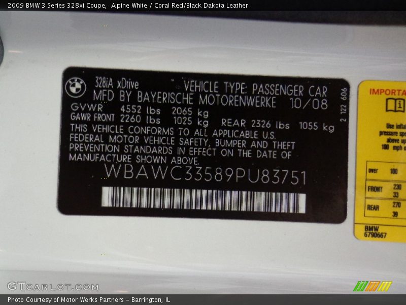 Alpine White / Coral Red/Black Dakota Leather 2009 BMW 3 Series 328xi Coupe