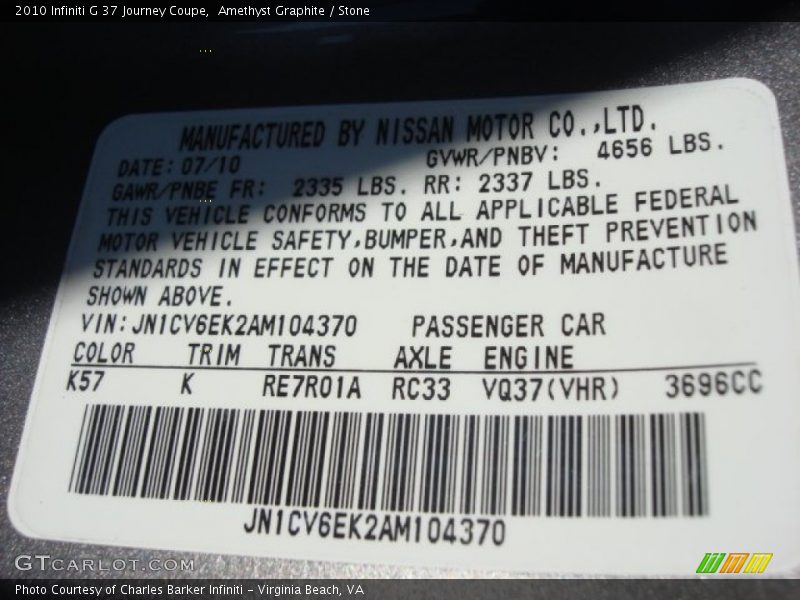 2010 G 37 Journey Coupe Amethyst Graphite Color Code K57