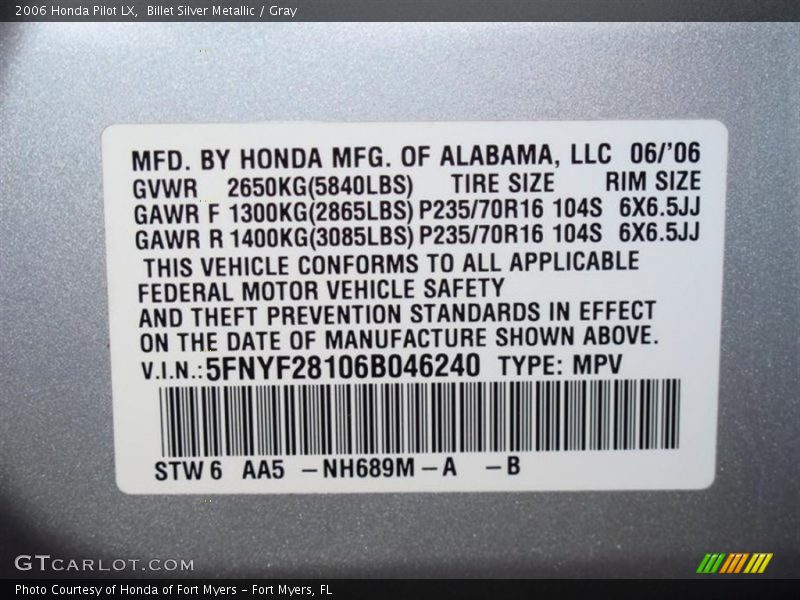 Billet Silver Metallic / Gray 2006 Honda Pilot LX