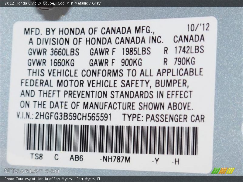 Cool Mist Metallic / Gray 2012 Honda Civic LX Coupe