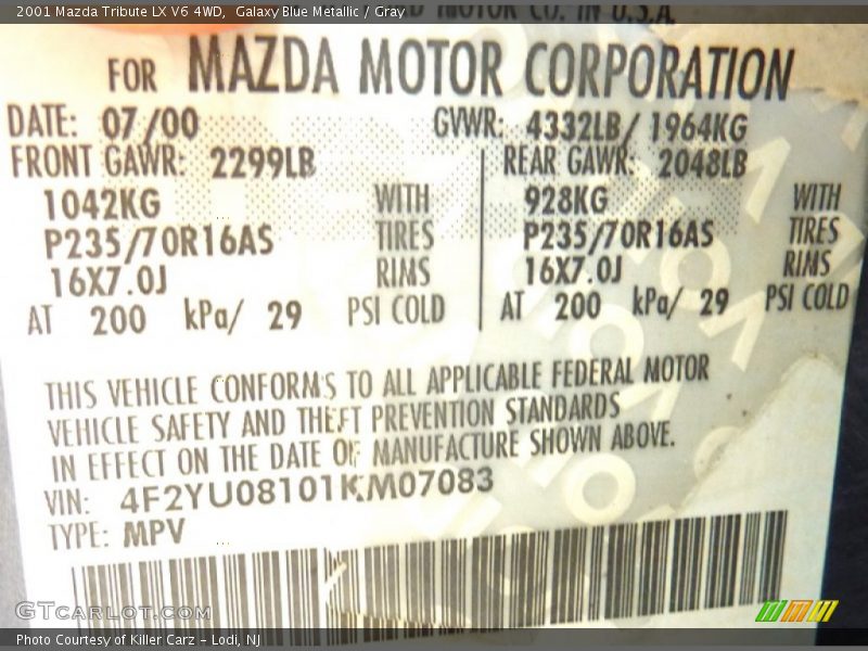 Galaxy Blue Metallic / Gray 2001 Mazda Tribute LX V6 4WD
