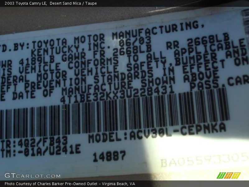 Desert Sand Mica / Taupe 2003 Toyota Camry LE