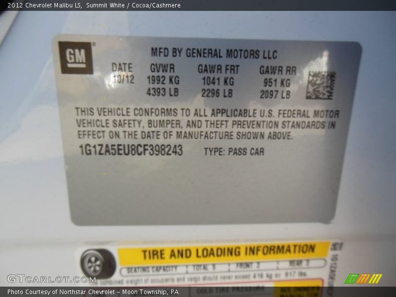 Summit White / Cocoa/Cashmere 2012 Chevrolet Malibu LS