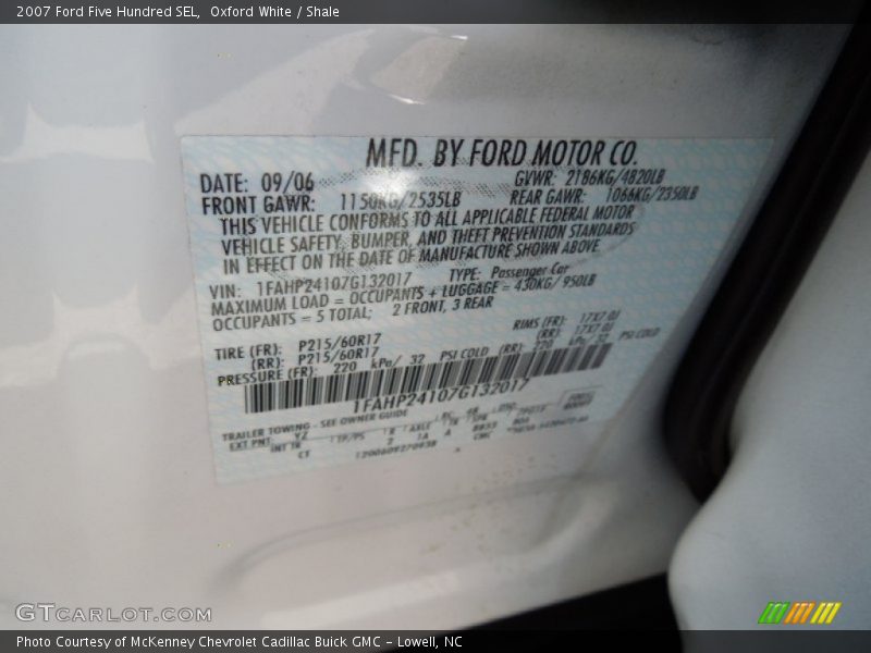 Oxford White / Shale 2007 Ford Five Hundred SEL