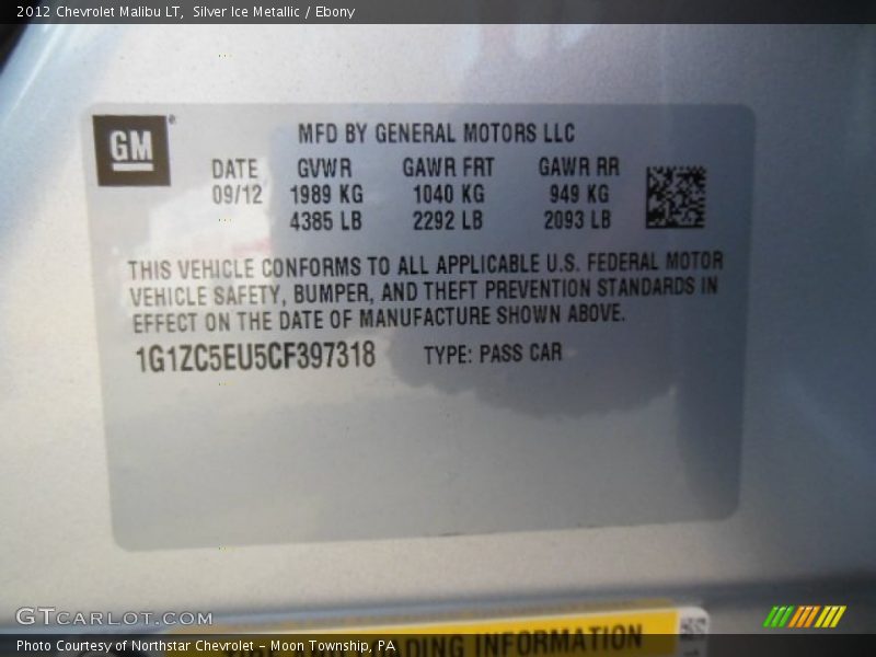 Silver Ice Metallic / Ebony 2012 Chevrolet Malibu LT