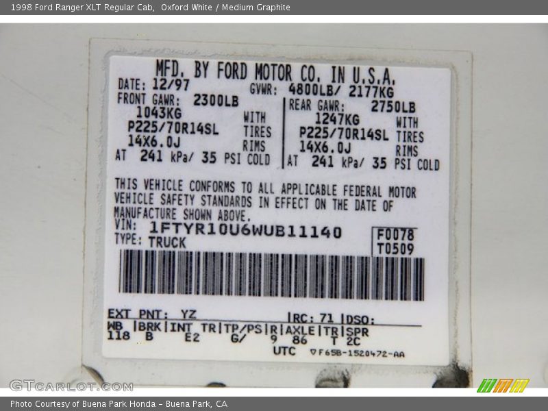 1998 Ranger XLT Regular Cab Oxford White Color Code YZ