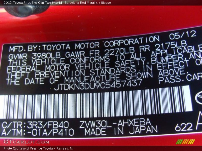 2012 Prius 3rd Gen Two Hybrid Barcelona Red Metallic Color Code 3R3
